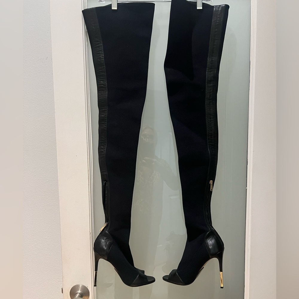 Iconic Balmain Runway Open Toe Black Stretch Boots Lthr Heel/Toe Gold Heels 38